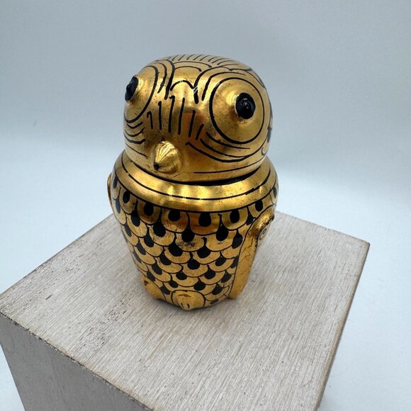 Vintage Hand Painted Burmese Gold & Black Lacquerware Owl Trinket Boxes delicate - Picture 3 of 12